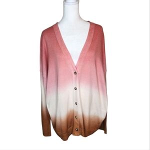 NEW J Jill Dip Dye V Neck Cardigan Pink Ivory Brown Size XL